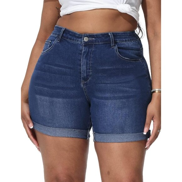 Plus Size Jean Shorts High Waisted Distressed Fold Hem Casual Denim